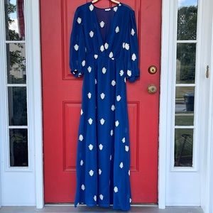 En Creme Dark Blue Chiffon Maxi Dress Size Medium Puff Sleeve Embroidered Cute